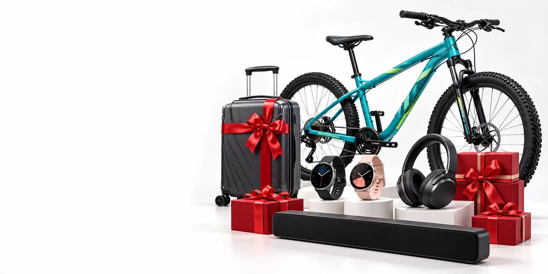 Trolley bag, cycle, soundbar और smartwatch का festival gift display
