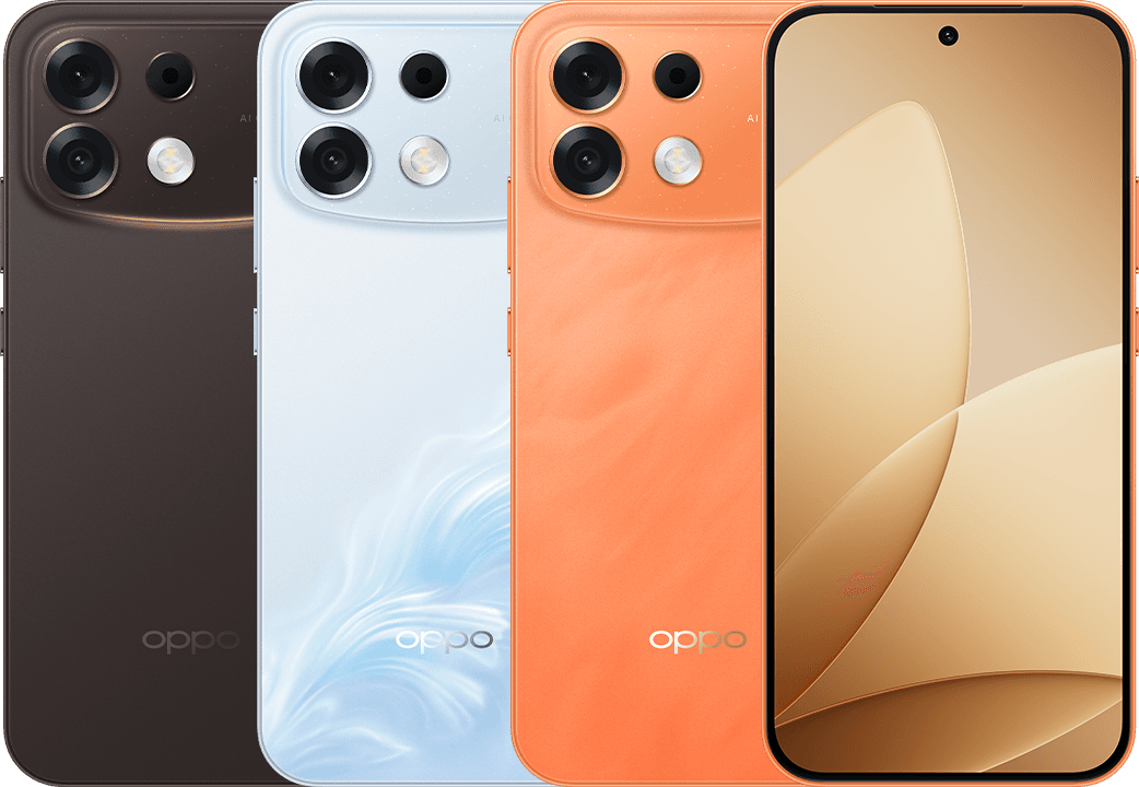 OPPO F35 Pro 5G के Twilight Brown, Wave Blue, Sunrise Orange और front views — official OPPO India image
